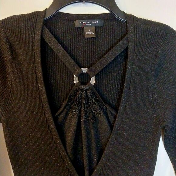 August Silk Knits TopBlack  V-Neck Pullover Women's Medium, sparkle /#3150 - Picture 1 of 4